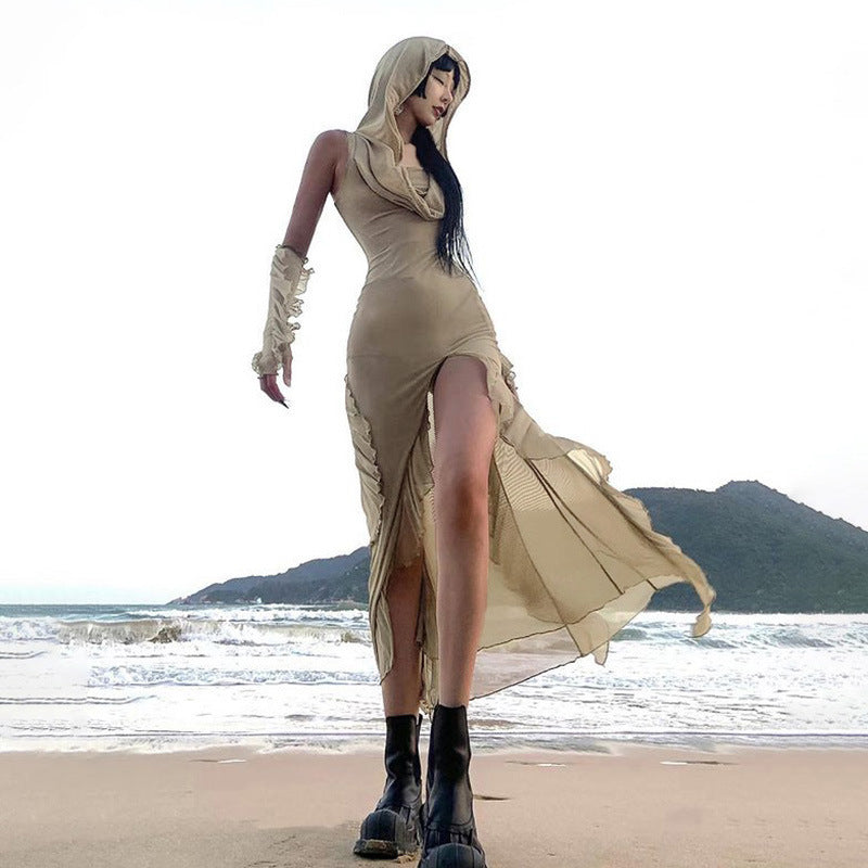 Dune Waste Soil Balaclava Design Solid Color Dress Retro Sexy Slim Fit Slit - Bellarte Enchanté Dune Waste Soil Balaclava Design Solid Color Dress Retro Sexy Slim Fit Slit
